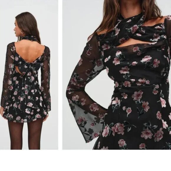 NWT FOR LOVE AND LEMONS BLAKE FLORAL BURNOUT BLACK MINI DRESS SIZE L - Picture 2 of 7